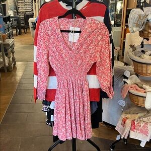 Pink Floral Smocked Waist V-Neck Dress